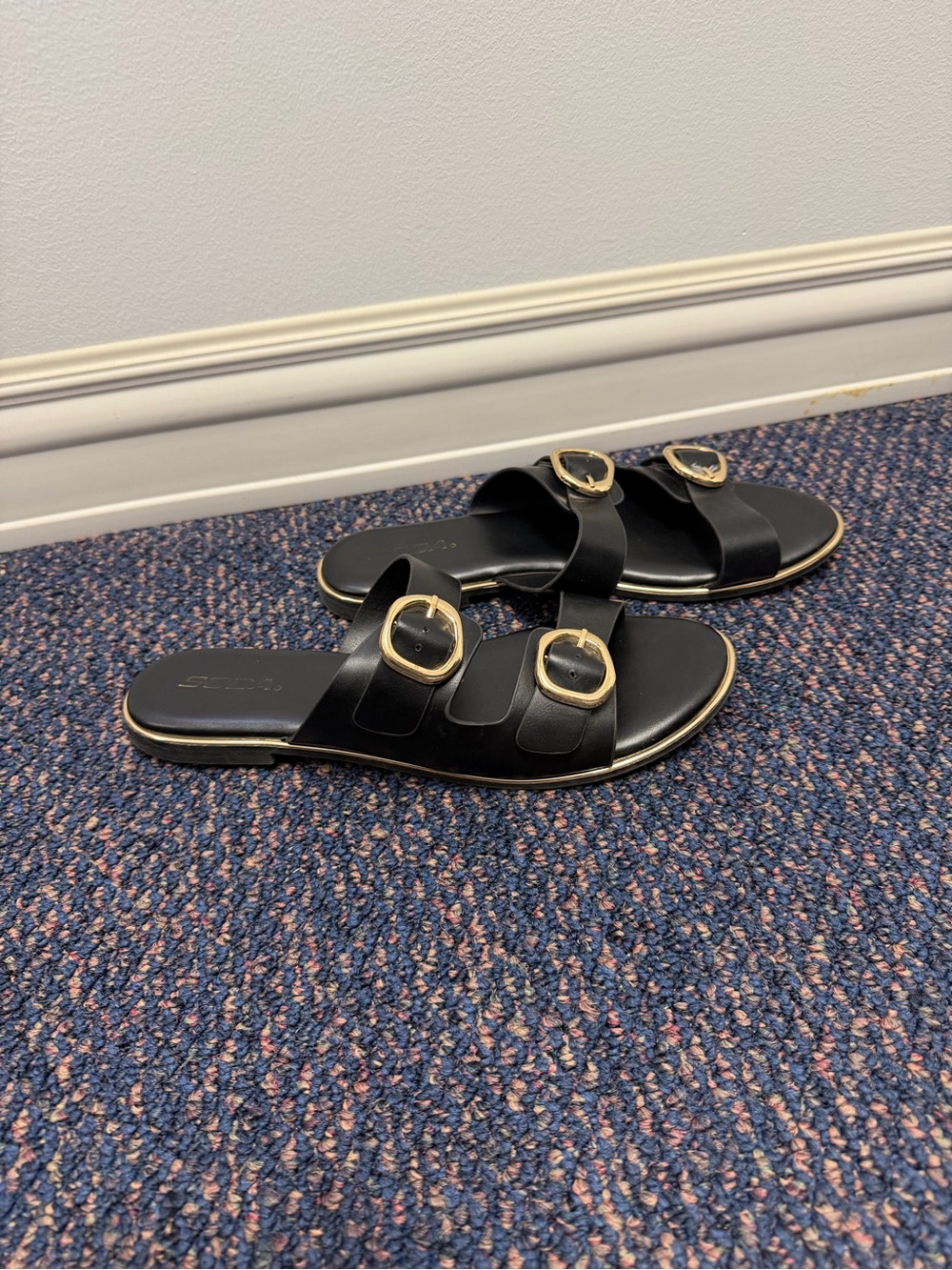Soda Black Slide Sandals with Gold Buckle Accents